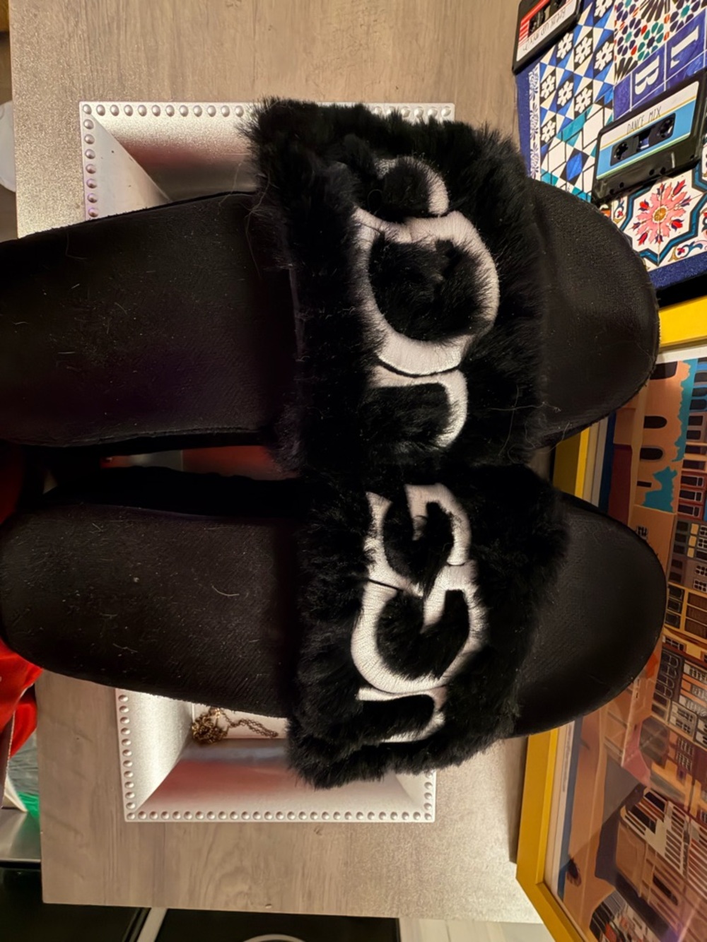 UGG Black Faux Fur Logo Slide Sandals